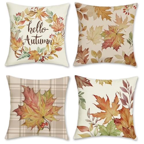 Image of Bonhause Hello Autumn Cushion Covers 45 x 45 cm Fall Leaves Wreath Plaid Decorative Pillow Covers Polyester Linen Pillowcases for Sofa Bed Home Garden Outdoor Decor Set of 4