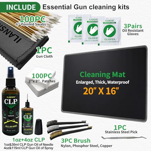ILANSIN Medium Mat(20\"x 16\")+ Universal 5oz CLP Oil (Needle+Spray) Gun Cleaning Kit,Gun Cleaning Supplies with Gun Cleaning Patches, 6-inch Long Swabs, Brushes, Picks, Gun Cloths - Thumbnail 2