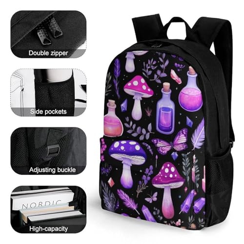 Gothic Magic Witch Witchy Trippy Purple Mushrooms Rucksacks Lightweight Multipurpose Anti-Theft Shoulder Bag Big Capacity Traveling & Camping Backpack With Side Pockets3