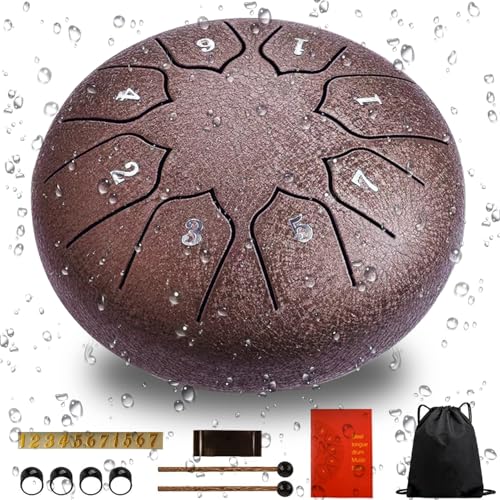 Rain Chime Drum - 8 Note 6 Inch Rain Drum for Outside Garden, with Bag, Music Book, Drumsticks, Mallet Holder and Finger Paddles, Steel Tongue Drum for Adult Gift (Bronze, 6 Inch)