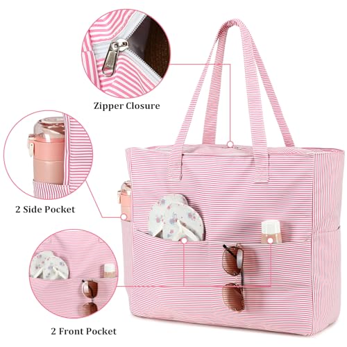 Image of LEDAOU Large Beach Tote Bag Women Waterproof Sandproof Zipper Beach Tote Bag for Pool Gym Grocery Travel with Wet Pocket | Sandproof