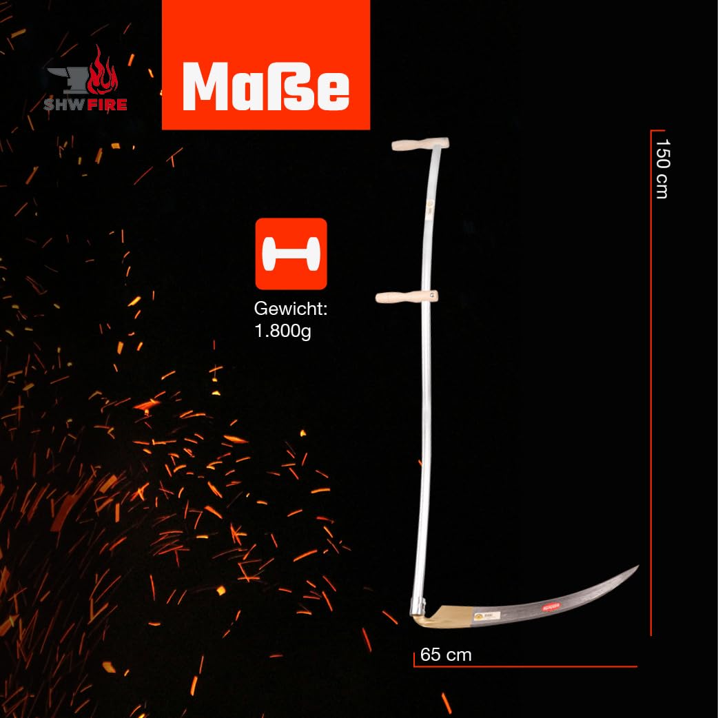 SHW-FIRE | Blattsense 65 cm mit 150 cm Stahlrohrstiel, Robustes Sensenblatt, ideal für Gräser, Wiesen, handgeschmiedet & gedengelt, ideal für Gräser & Wiesenmähen | Made in Germany