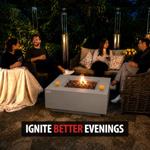 Image of AMS Creations | Brooklyn 40 inch Bundle Square Propane Gas Outdoor Fire Pit Table | Light Gray Concrete GFRC Smooth Texture Surface Fire Pit Table