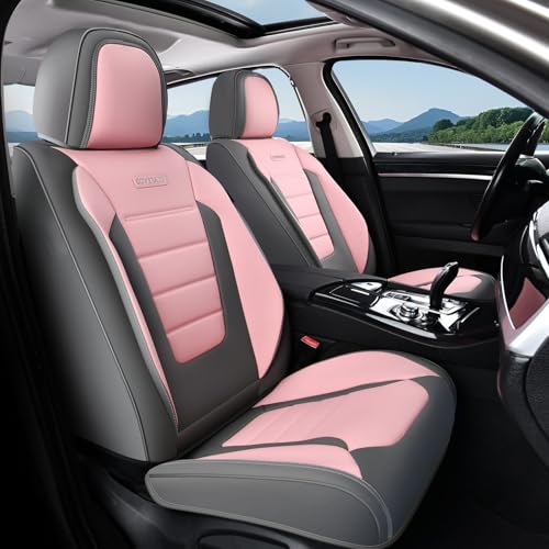 Image of Coverado Car Seat Covers Front, Seat Covers for Cars, Waterproof 2-Pack Car Seat Cushions, Leather Carseat Seat Protectors, Universal Seat Covers Fit for Most Sedans SUV Pick-up Trucks(Gray&Pink)