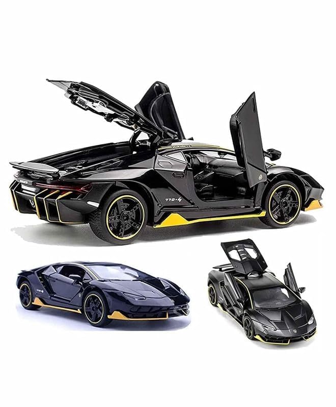 Image of WORSHIPER Model Car Zinc Alloy Pull Back Toy Diecast Toy Cars with Openable Doors, Sound and Light for Kids Boy Girl Gift (1:32 Lamborgini-Black Color)