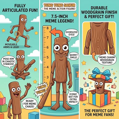 Image of VAALI Tung Tung Tung Sahur Action Figure | 7.5-Inch Meme Toy | Italian Brainrot Collectible | 3D Printed Articulated Model with Bat | Funny Viral Figurine Gift | Brown (Pack of 1)