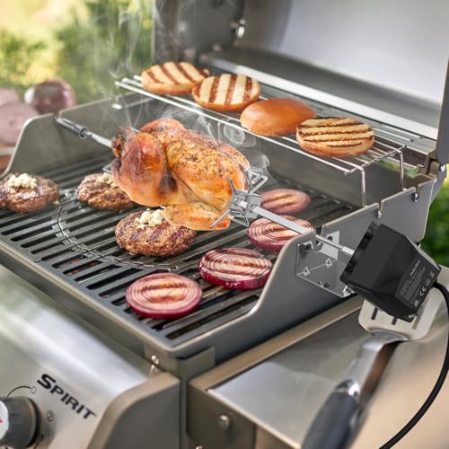 onlyfire Edelstahl Grillspieß Set für Weber Spirit I & Spirit II 200/300 Serie Gasgrill, inkl. 2X Fleischklammer, Motor, 220V-240V, Motorhalter, Drehspieß, Rotisserie, Drehspiess