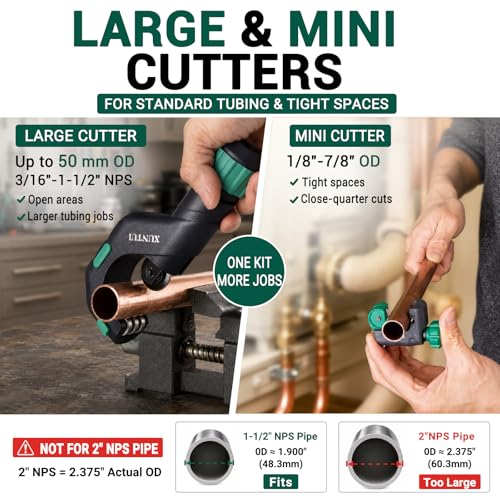 Image of Pipe Cutter Set, 1 /8 inch-2 inch OD Tubing Cutter Kit | Mini Cutter, Reamer, Deburrer, Extra Wheel & EVA Case for Copper, Brass, Aluminum, Thin-Wall Stainless