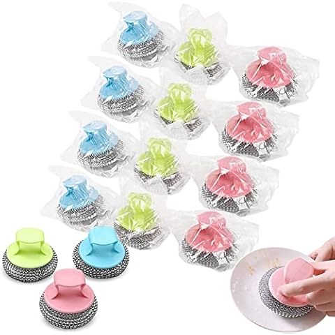 Steel Wool Scrubbers, Cleaning Sponges Metal Wire Scourer Sponge, Stainless Steel Heavy Duty Scouring Pad With Handle for Kitchen Cleaner Dishes, Pots Oven And Cooker-Random Color (12pcs) Cover