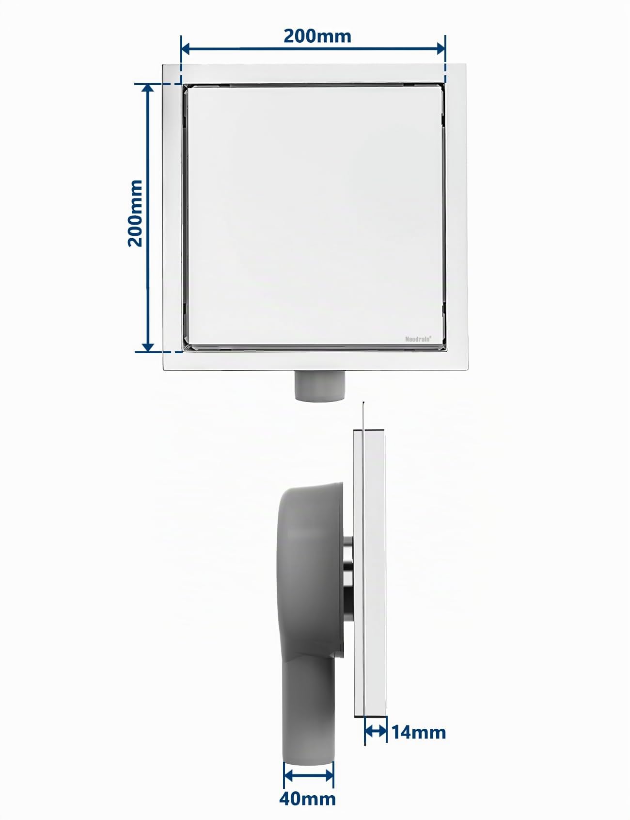 Neodrain Canaleta de ducha cuadrada de acero inoxidable 304, 20 x 20 cm, con sifón de 360°, desagüe de ducha 2 en 1, desagüe de ducha, tapón de olor y filtro de pelo, canalón