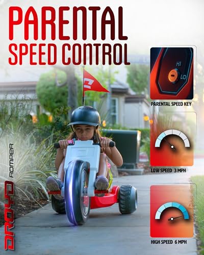 Droyd Romper Electric Tricycle for Kids 3+ Years, 24V Toy 3-6 MPH Max Speed & 45 Mins Max Long Lasting, Parental Speed Control Safe Trike with Adjustable Seat & LED Lights for Kids Gifts