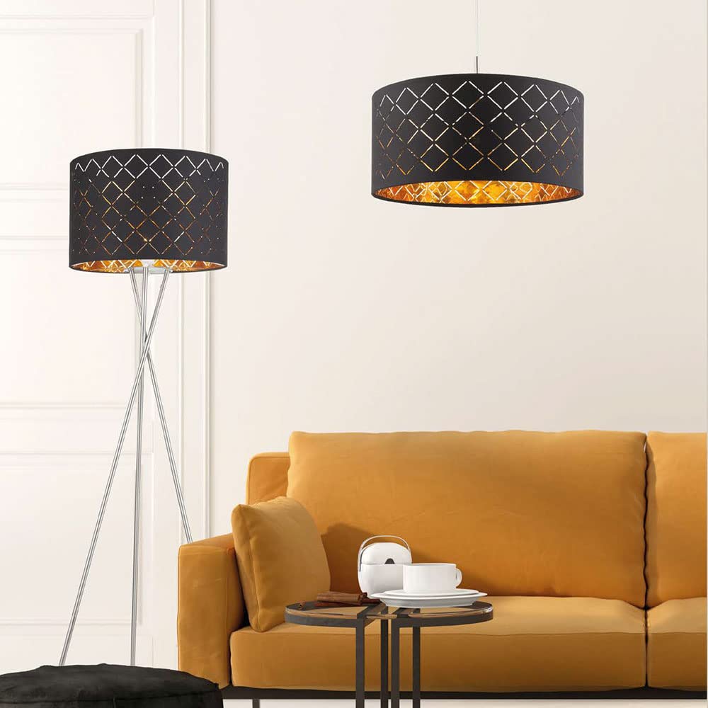 Stehlampe Textilschirm schwarz gold Beistellleuchte 3 Bein Stativleuchte Textil, Nickel matt, E27 Fassung, DxH 62x158 cm