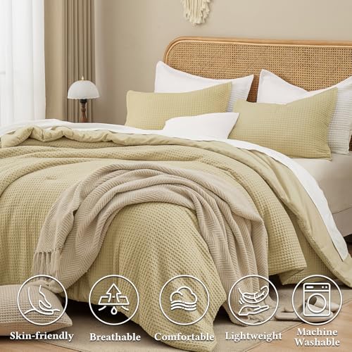 Image of David's Home Textured Summer Waffle Weave Comforter Set, King, Pale Khaki | Cozy Soft Lightweight Breathable Fluffy Durable Hotel Bedding with Pillow Shams for All Season, Luxury Home Decor, Giftable