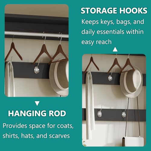 Image of Shoe Cabinet for Entryway with 3 Flip Drawers, Black Tall Shoe Storage Cabinet with Coat Rack, Wood Narrow Slim Hidden Freestanding Shoe Rack Organizer, 2 in 1 Hall Tree for Living Room, Hallway