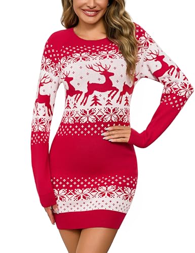 Litherday Strickkleid Damen Weihnachtskleid Rundhals mit Reindeer Weihnachten Pulloverkleid Warm Weich Christmas Pullikleid Festliche Kleider für...