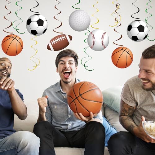 Image of 54Pcs Sports Hanging Swirls Party Decorations Sports Theme Birthday Party Decorations Supplies Baseball Basketball Golf Football Soccer Ball Cutouts Swirl Ceiling Streamers for Kids Boys Men