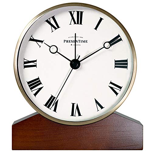 Presentime & Co Mozart Mantel Alarm Clock, Tabletop Clock, 6 X 5.5 Inch, Silent, Wooden Base, Walnut Finish, Golden Color, Roman Numeral #TOP1