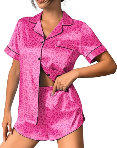 Image of Ekouaer Womens Silk Satin Pajama Set Print Short Sleeve Sleepwear Button Down Pjs Shorts Set Loungewear