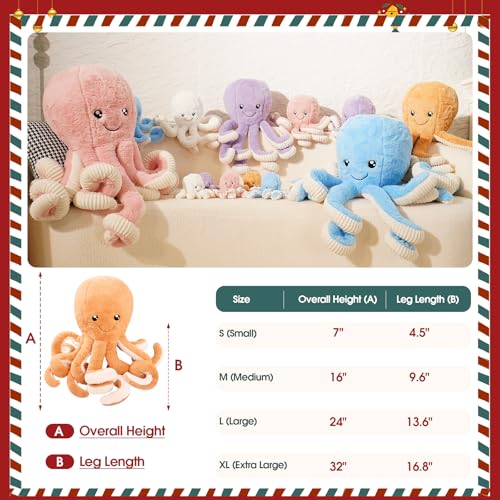 Image of DENTRUN Octopus Plush Toy, Cute Stuffed Animal in 5 Colors 4 Sizes for Gift | 7 /16 /24 /32 inch sizes, 5 vibrant colors, soft plush sea animal, giant gift for all ages, birthday /Xmas /Halloween