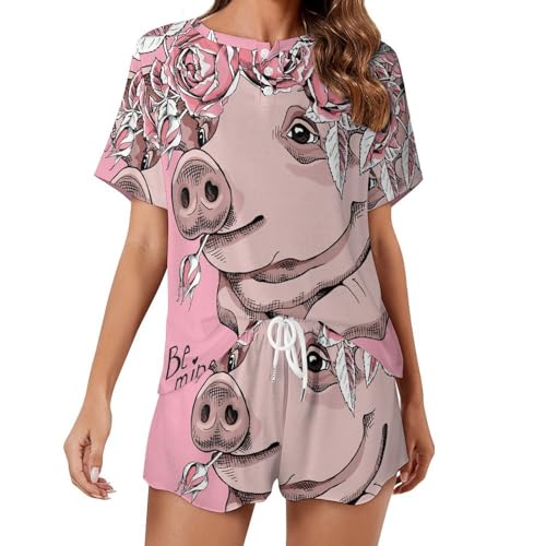 Pyjama femme manches courtes Cochon Fleur en coton léger pour l'été