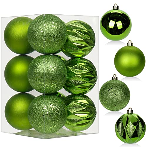 8CM Weihnachtskugeln Ornamente Glitze, 12 PCS bruchsicher Weihnachten Kugeln, Kunststoff Weihnachten Kugeln, Hängen Christbaumkugel Grün fur Weihnachtsbaum Neujahr Ornamente