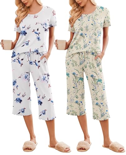 Image of Ekouaer 2 Pack: Women's Pajamas Set Short Sleeve Sleepwear Capri Pants Pjs Soft Loungewear with Pockets