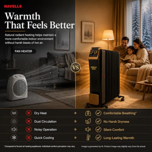 Add Havells 13 Fin Oil Filled Room Heater, 2900W, Black - Image 4