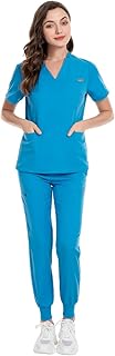 niaahinn Unisex Scrub Set Scrubs Top and Pants Medical Uniform V-Neck Top & Multi Pocket Pants (Blue,XS)