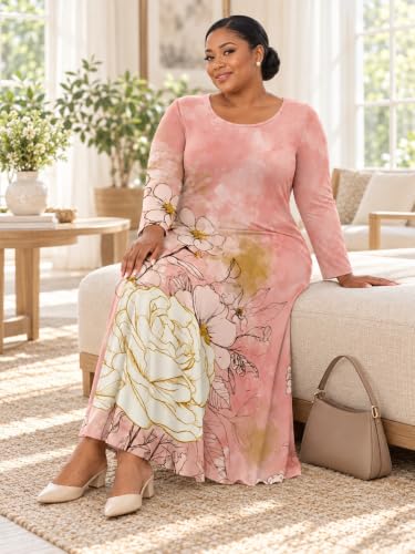 Image of Womens Plus Size Maxi Dress Long Sleeve Round Neck Casual Long Dress