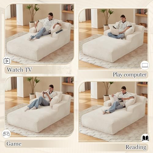 Image of 80 Inch Chaise Lounge Chair Indoor, Oversized Corduroy Upholstered Boneless Sofa Bed, Deep Seat Sleeper Couch Reading Chairs, Cloud Sofas Couches for Living Room, No Assembly Required (Beige)