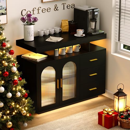 HWB RGB LED Coffee Bar Cabinet Kitchen Storage Cabinet & Sideboard Buffet Cabinets - Wood Coffee Bar Table with Shelf Capacity for Dinning Room/Living Room/Kitchen(Black)