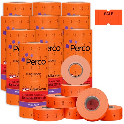 Perco 1 Line Fluorescent Red Sale Labels - 80,000 Blank Price and Date Gun Labels for Perco Lite, X, Plus and Pro 1 Line Price and Date Guns - 80 Rolls, 10 Sleeves - Made in USA