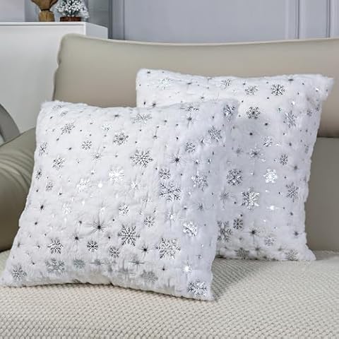 TOYPOPOR Snowflakes Glitter Printed Christmas Pillow Covers 18'' x 18'' Set of 2, Soft Faux Fur Throw Pillow Covers for Holiday Christmas Decor Sofa, Couch, Invisible Zipper, Skin-Friendly Cover