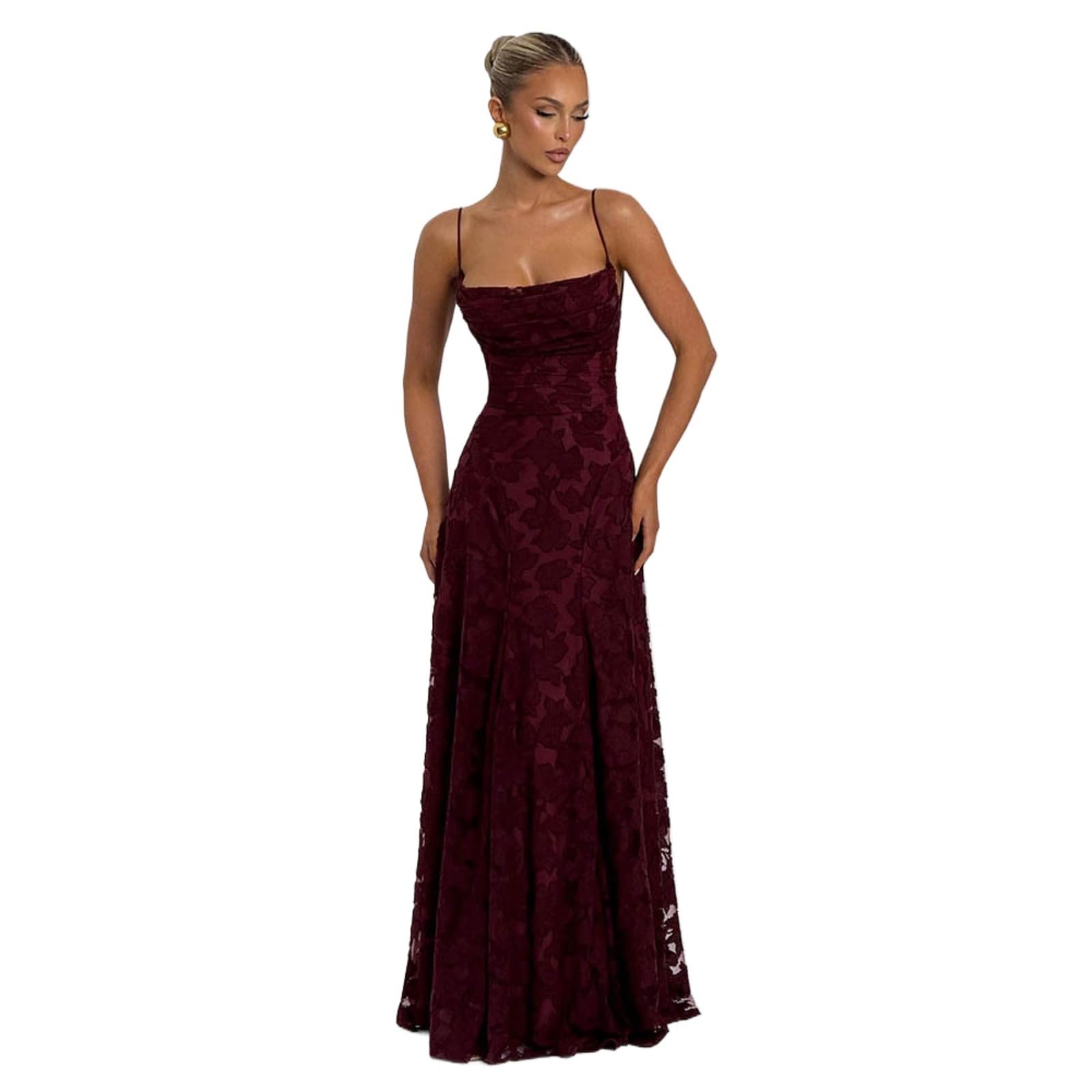 Chiffon-Trägerkleid, Rückenfreies Jacquard-Design, Dünne Träger, Quadratischer Ausschnitt, Bodenlang, Größe S-L (Burgundy,M)