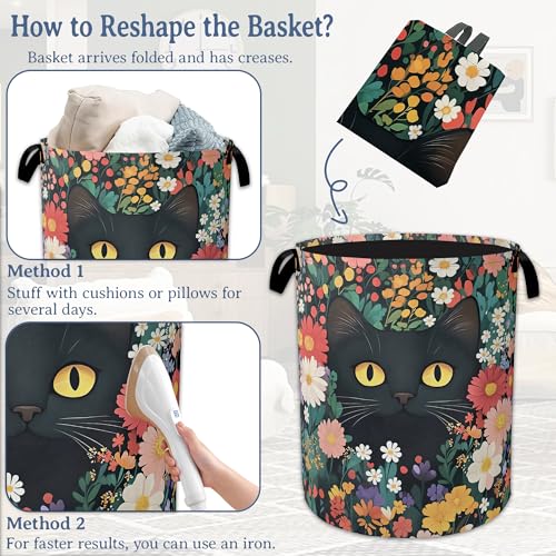 Image of Cute Funny Black Cat Laundry Basket,Oxford Cloth Flower Laundry Hamper With Handle Foldable Portable Clothes Storage Basket for Laundry Room /Bedroom /Bathroom 20.8 inchx16 inch