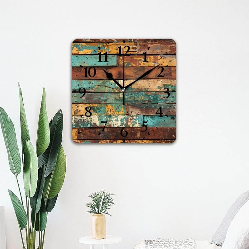 Non-Ticking Sweep Movement Wall Clock Battery Operated Analog Wall Clocks Decorative for Bedroom,Office,Living Room-Rustic Wooden Wall with Weathered and Distressed Textures(14inch)