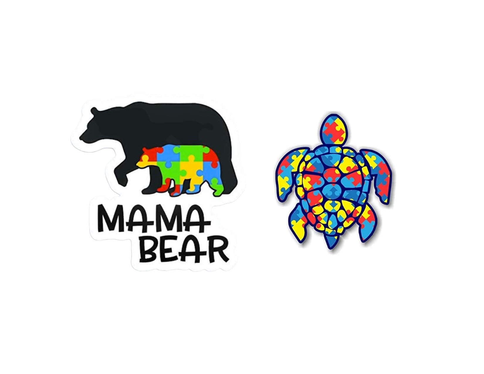 eDesign 2-Pack Autism Mama Bear 4-inch & Autism Puzzle Sea Turtle 3-inch Vinyl Decal Sticker for Car Truck Van SUV Window Wall Cup Tumblers Laptop