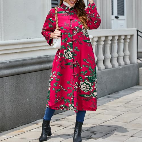 LZJN Women\'s Cotton linen Trench Coat Floral Print Long Jacket with Pockets (Red(X-Large))