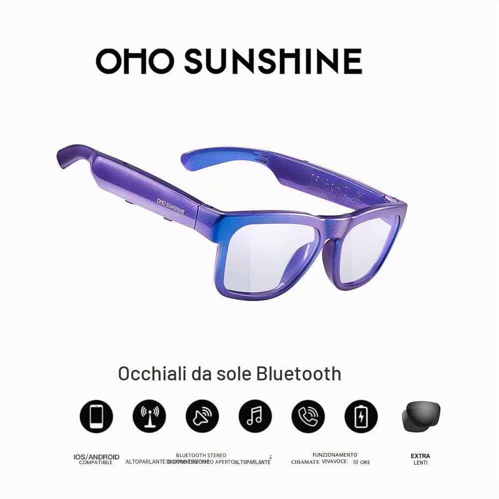 OhO sunshine AI Translation Smart Glasses con altoparlante Bluetooth con cornice blu e lente fotocromatica per esterni e interni