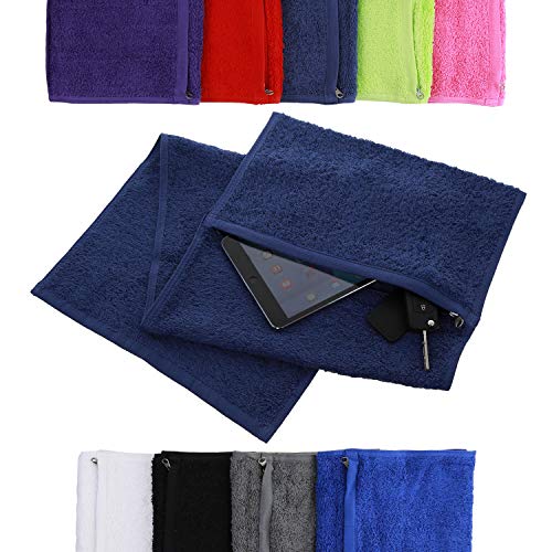 aztex Toalla de Gimnasia de algodón Deluxe con Bolsillo con Cremallera, 30 cm x 90 cm, Azul Marino