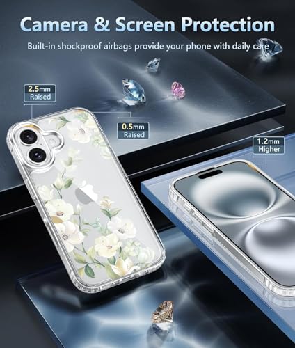 Image of Elzzi Clear Transparent Flower Cover for iPhone 17 Case Shockproof Floral Design Full Camera Protection Shockproof PC+TPU Transparent Cover for Girls & Women,(Green)