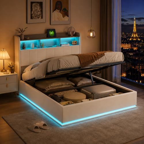 Lit Coffre 160 x 200 cm,avec Éclairage LED et Port USB,Lit Double Rembourré avec Rangement et Tete de lit,pour Adultes et Adolescents,Velours (Blanc B, 160 x...