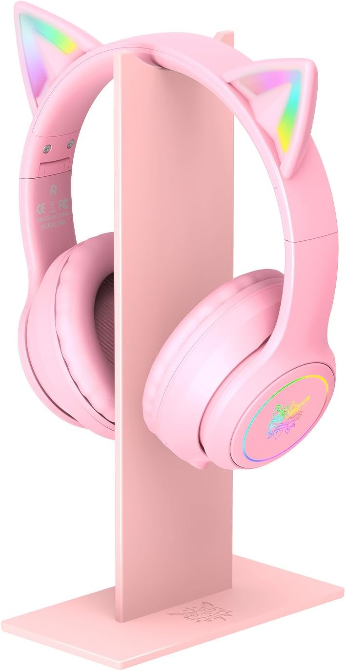 Gaming Headphones Stand Cat Ears Headset Holder, Wireless Earphone Stand with Anti-Slip ABS Base, Compatible with All Over-Ear Headphone Sizes, Portability and Easy Installation, Pink