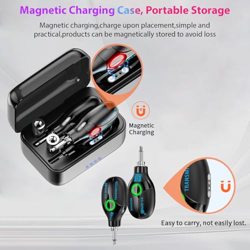 Sistema inalámbrico para guitarra 2.4G con transmisor y receptor, compartimento de carga, sistema de audio, transmisión de 4 canales, plug and play, recargable para guitarra eléctrica/acústica y bajo miniatura 6
