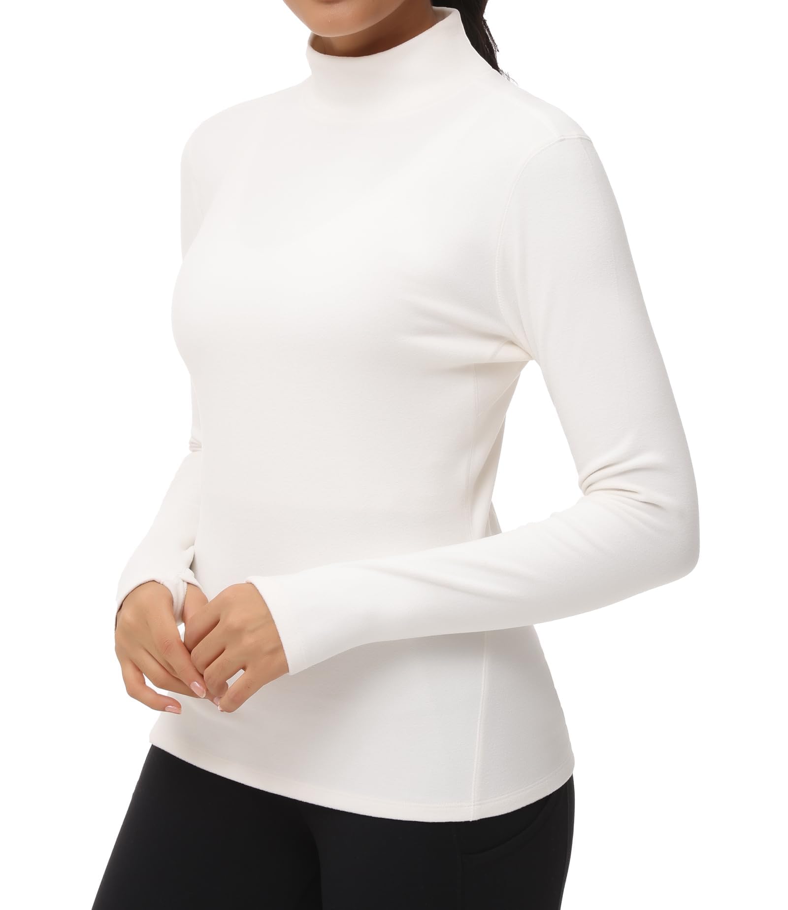 Camicie termiche da donna a maniche lunghe con collo alto, in pile, a maniche lunghe, girocollo, Beige, S