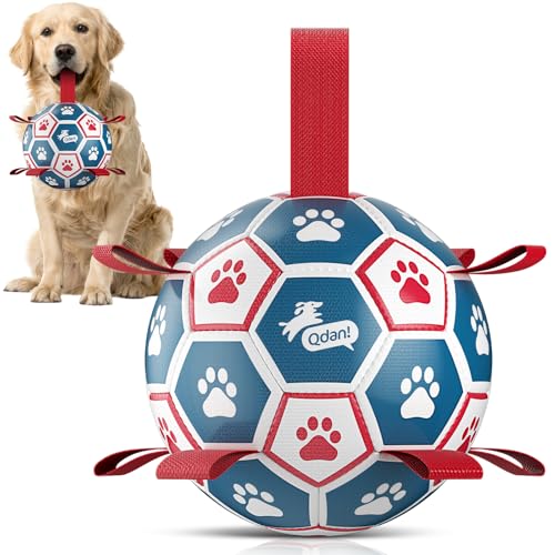 Image of QDAN Dog Toys Soccer Ball with Straps:Durable Balls for Large Dogs, Outdoor Dog Toys, Puppy Birthday Gifts (7 Inch)