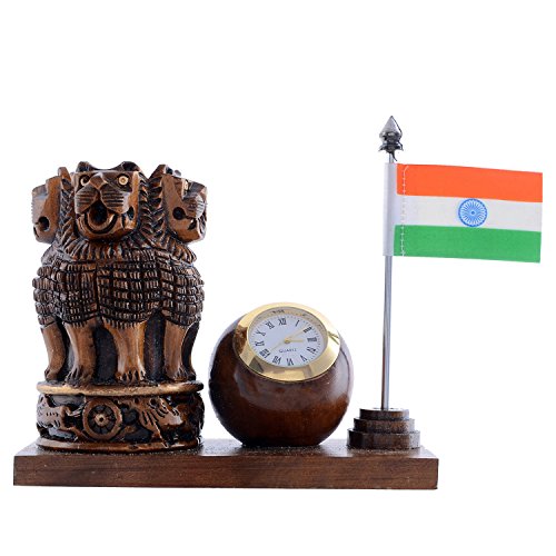 Image of Craft Trade 13x13 Cm Wooden Pen Stand with Clock National Flag Pencil Holder - Dark Brown