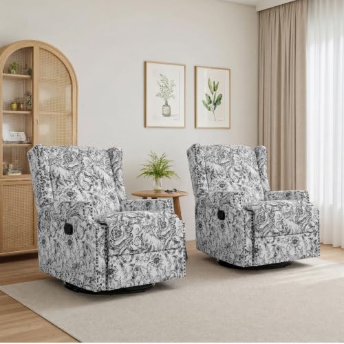Image of Swivel Rocker Recliner Chairs Set of 2, 360 Swivel Wingback Recliner Chairs for Adults, Upholstered Glider Rocking Chair with High Back, Deep Seat for Living Romm Bedroom, Rococo Black