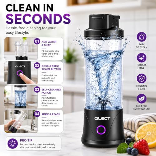 Image of QLECT Portable Juicer Blender 400ML, 22 Stainless Steel Blades, 3000mAh Battery, 7.4V Motor, USB Type-C Rechargeable Smoothie Maker for Fruits, Protein Shakes & Travel(Black)
