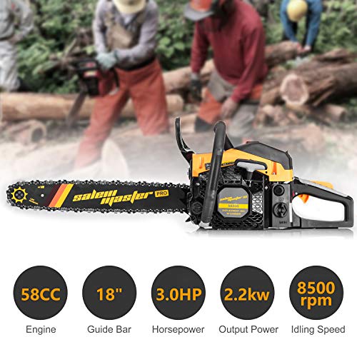 SALEM MASTER 5820G 58CC 2-Cycle Gas Powered Chainsaw, 18-Inch Chainsaw, Handheld Cordless Petrol Gasoline Chain Saw for Farm, Garden and Ranch